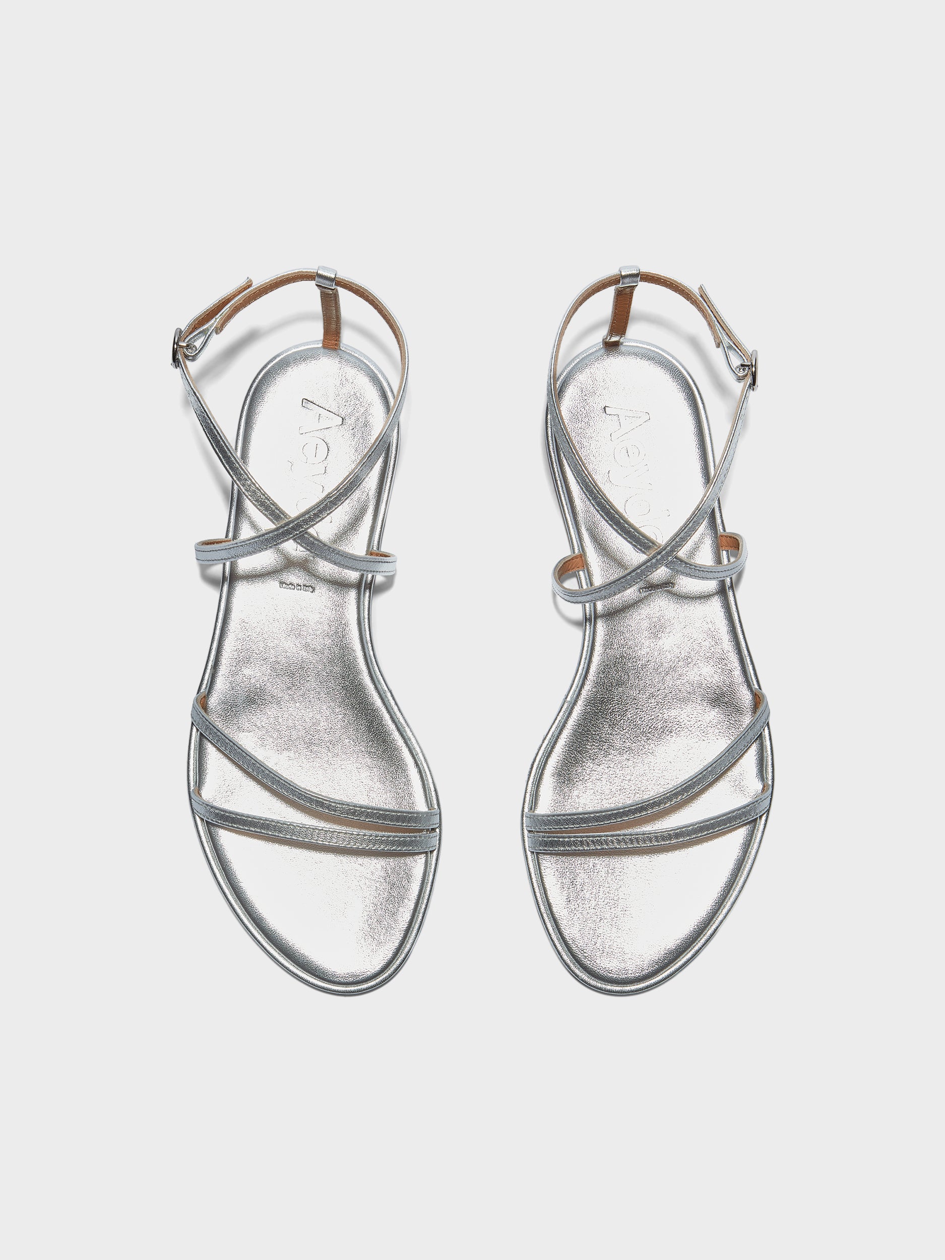 Aeyde | Rabea Leather Flat Sandals for Women | Silver Nappa | Round Toe | Flat Heel | Front View