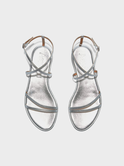 Aeyde | Rabea Leather Flat Sandals for Women | Silver Nappa | Round Toe | Flat Heel | Front View