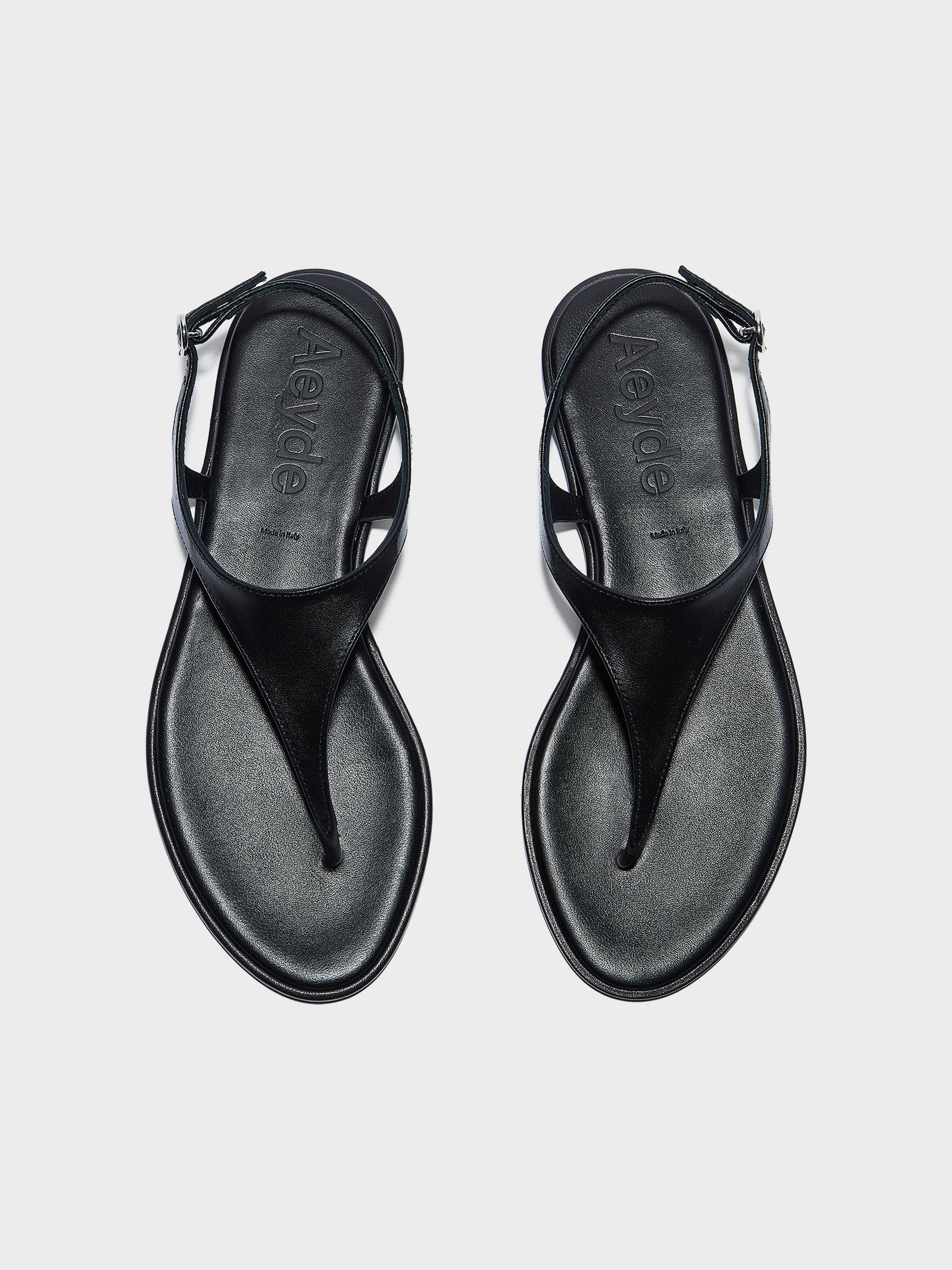 Aeyde | Raine Leather Flat Sandals for Women | Black Nappa | Round Toe | Flat Heel | Front View