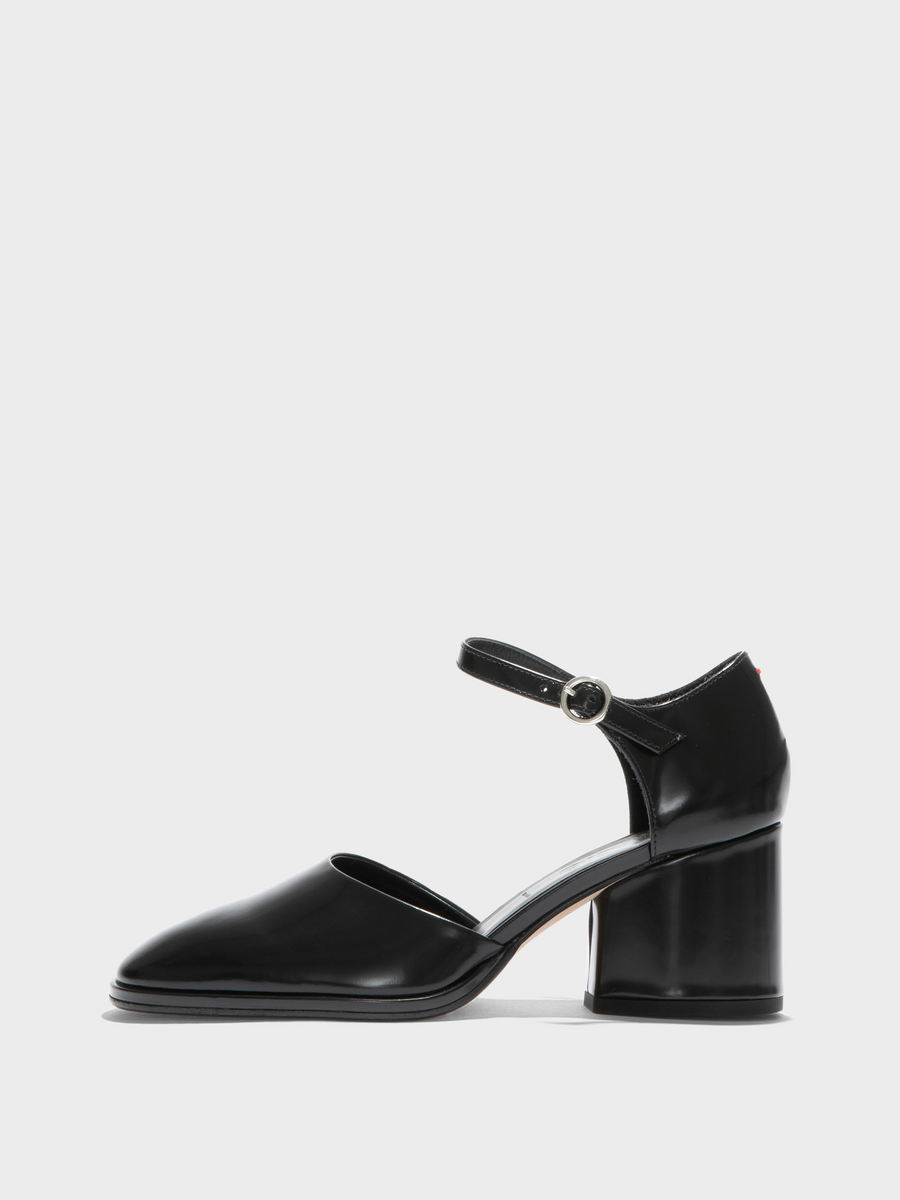 Aeyde | Rana Polido Pumps Leather Pumps for Women | Black Polido | Round Toe | Mid Heel | Side View