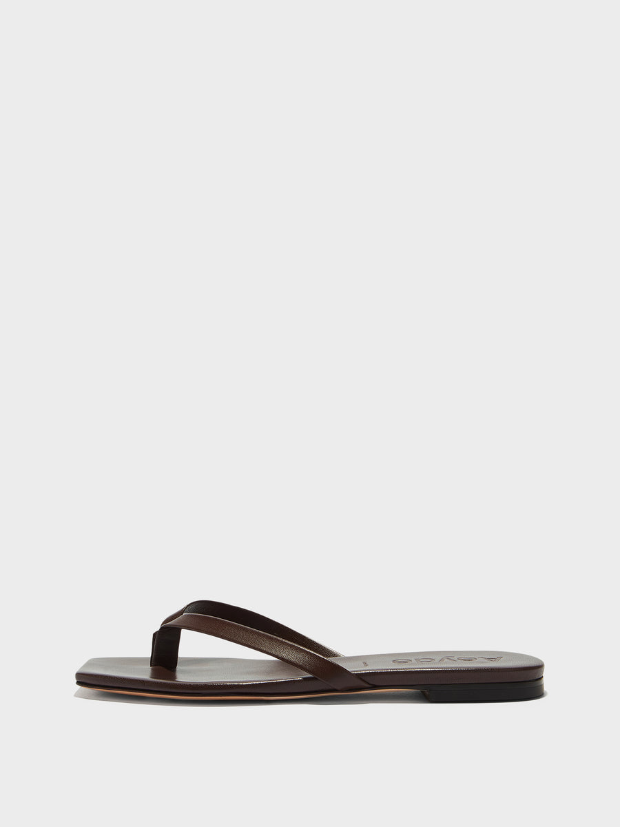 Aeyde | Renee Leather Flat Sandals for Women | Moka Nappa | Square Toe | Flat Heel | Side View