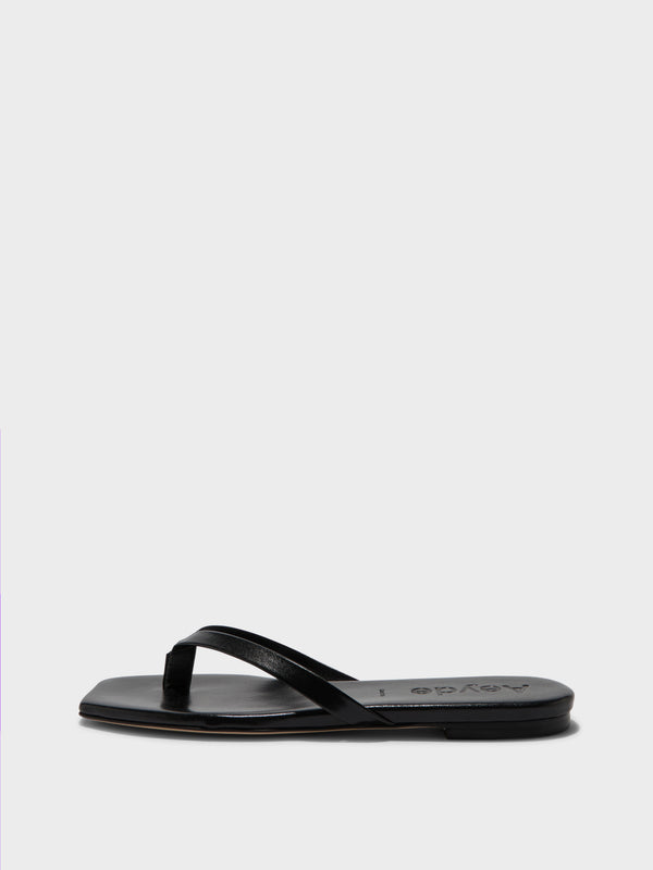 Aeyde | Renee Leather Flat Sandals for Women | Black Nappa | Square Toe | Flat Heel | Side View