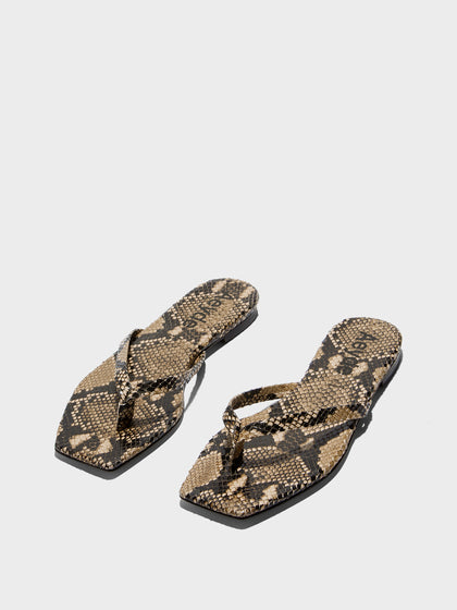 Aeyde | Renee Leather Flat Sandals for Women | Hazelnut Snake | Square Toe | Flat Heel | Luxury Materials | Handmade in Italy
