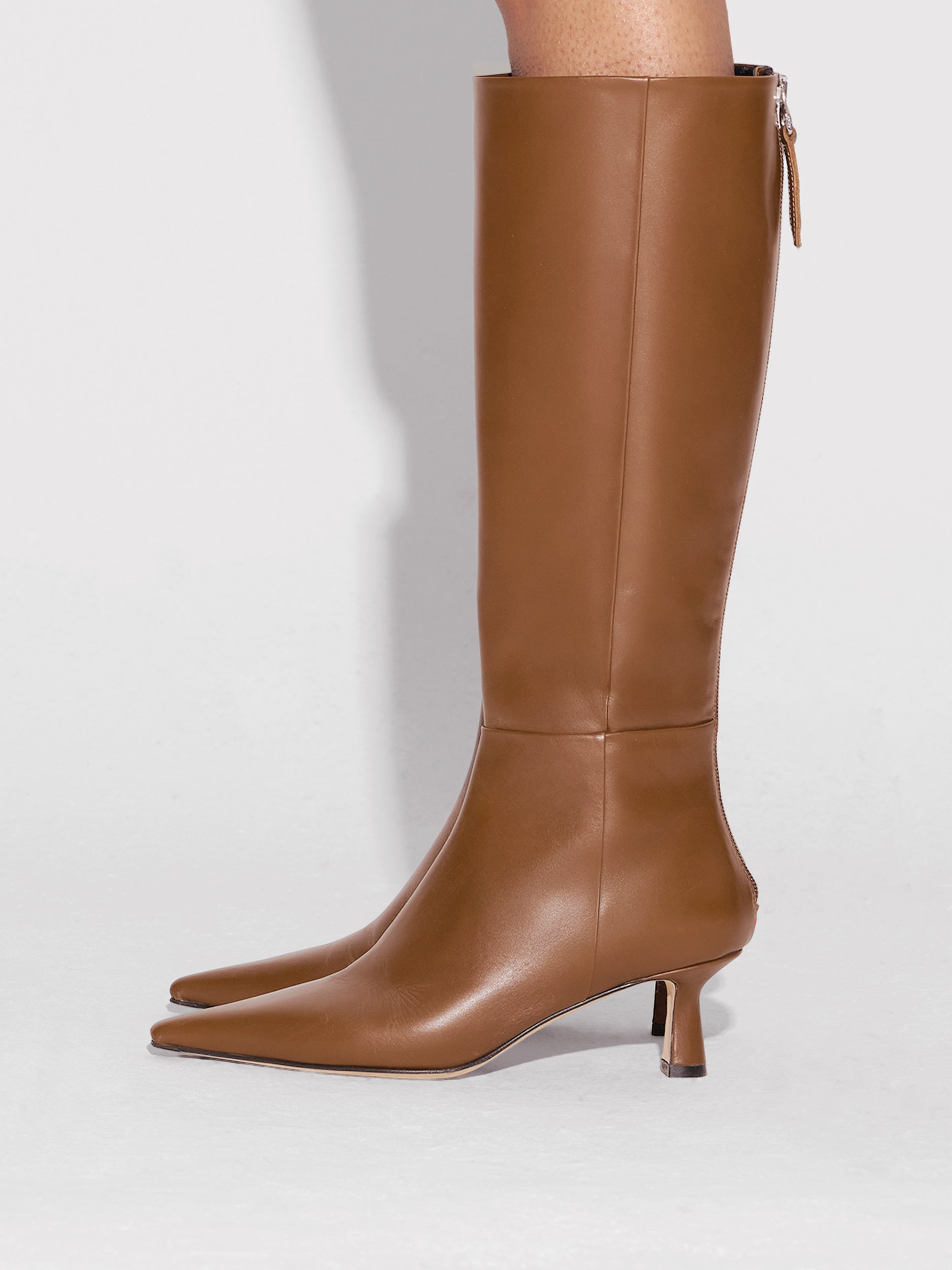 Aeyde | Rhea Leather Knee High Boots for Women | Tobacco Calf | Pointed Toe | Mid Heel | How to Style