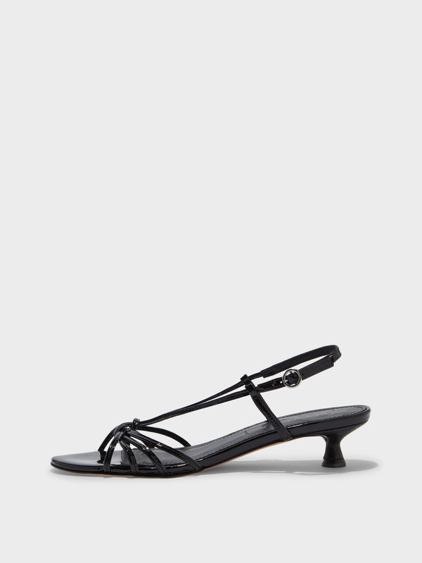 Aeyde | Rhonda Leather Heeled Sandals for Women | Black Patent | Round Toe | Low Heel | Side View [x=50,y=85]
