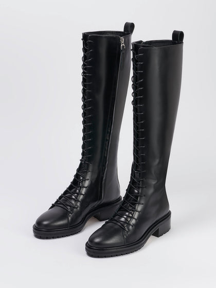 Aeyde | Rikki Black Calf Leather High Boots for Women |  | Round Toe | Mid Heel | Heel Details