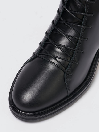 Aeyde | Rikki Black Calf Leather High Boots for Women |  | Round Toe | Mid Heel | Front View