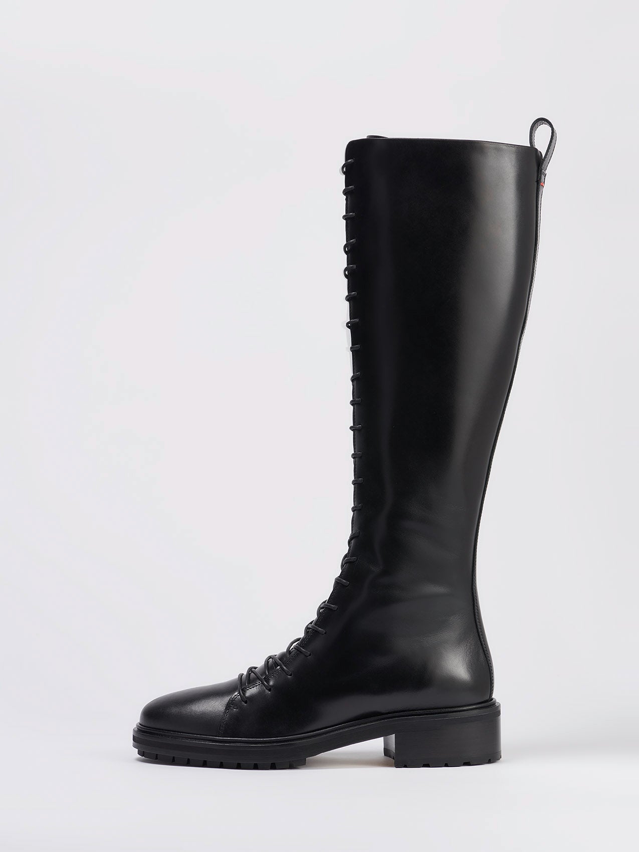 Aeyde | Rikki Black Calf Leather High Boots for Women |  | Round Toe | Mid Heel | Side View