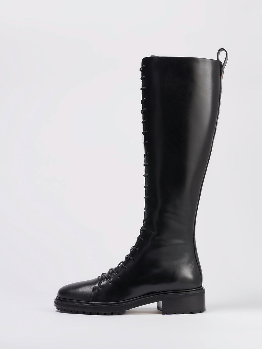 Aeyde | Rikki Black Calf Leather High Boots for Women |  | Round Toe | Mid Heel | Side View