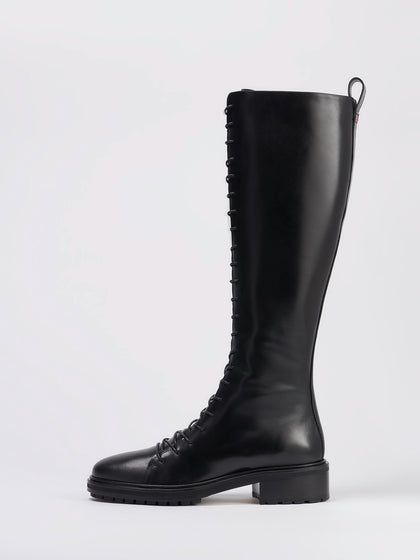 Aeyde | Rikki Black Calf Leather High Boots for Women |  | Round Toe | Mid Heel | Side View