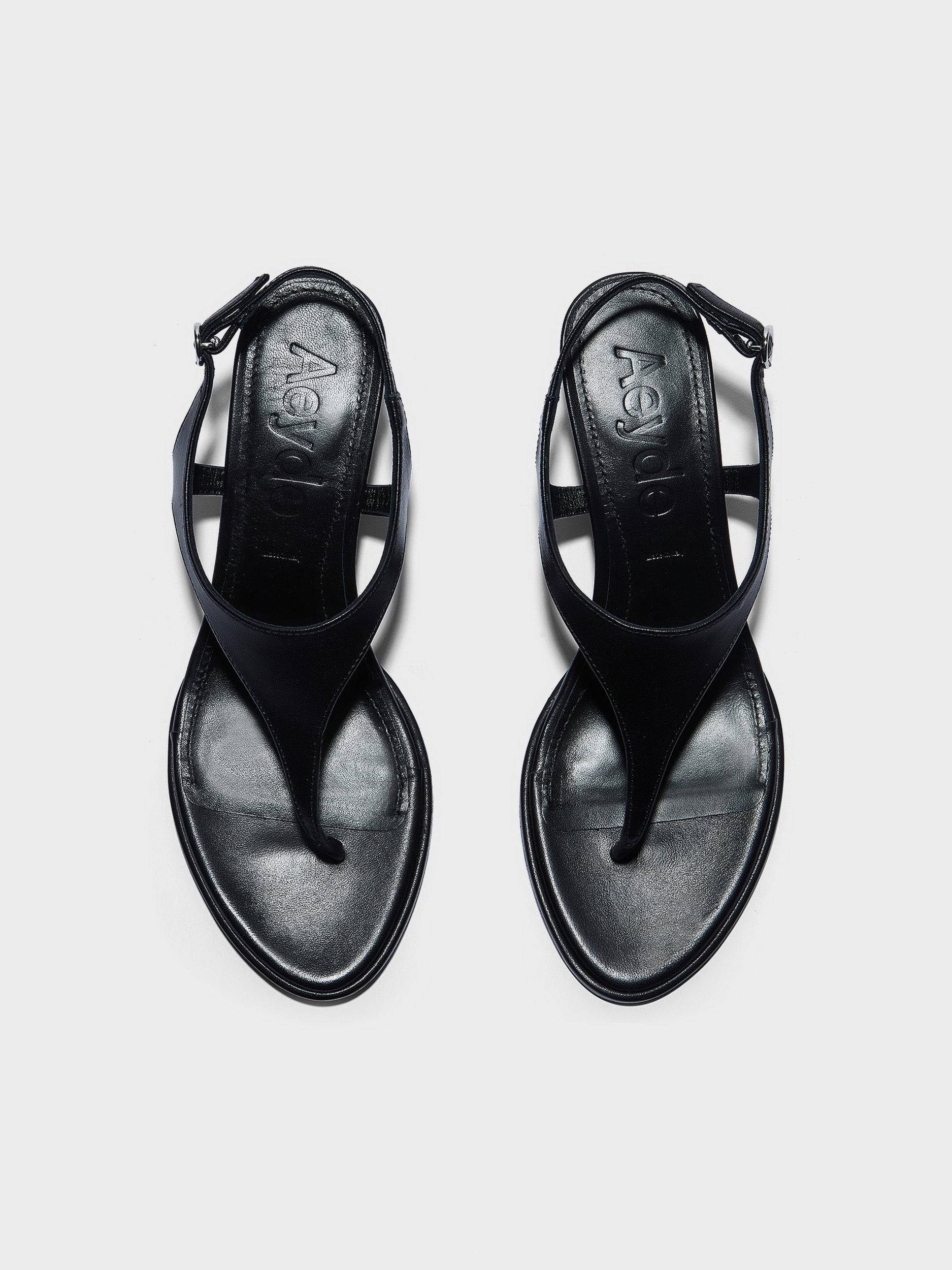 Aeyde | Roose Leather Heeled Sandals for Women | Black Nappa | Round Toe | Mid Heel | Front View