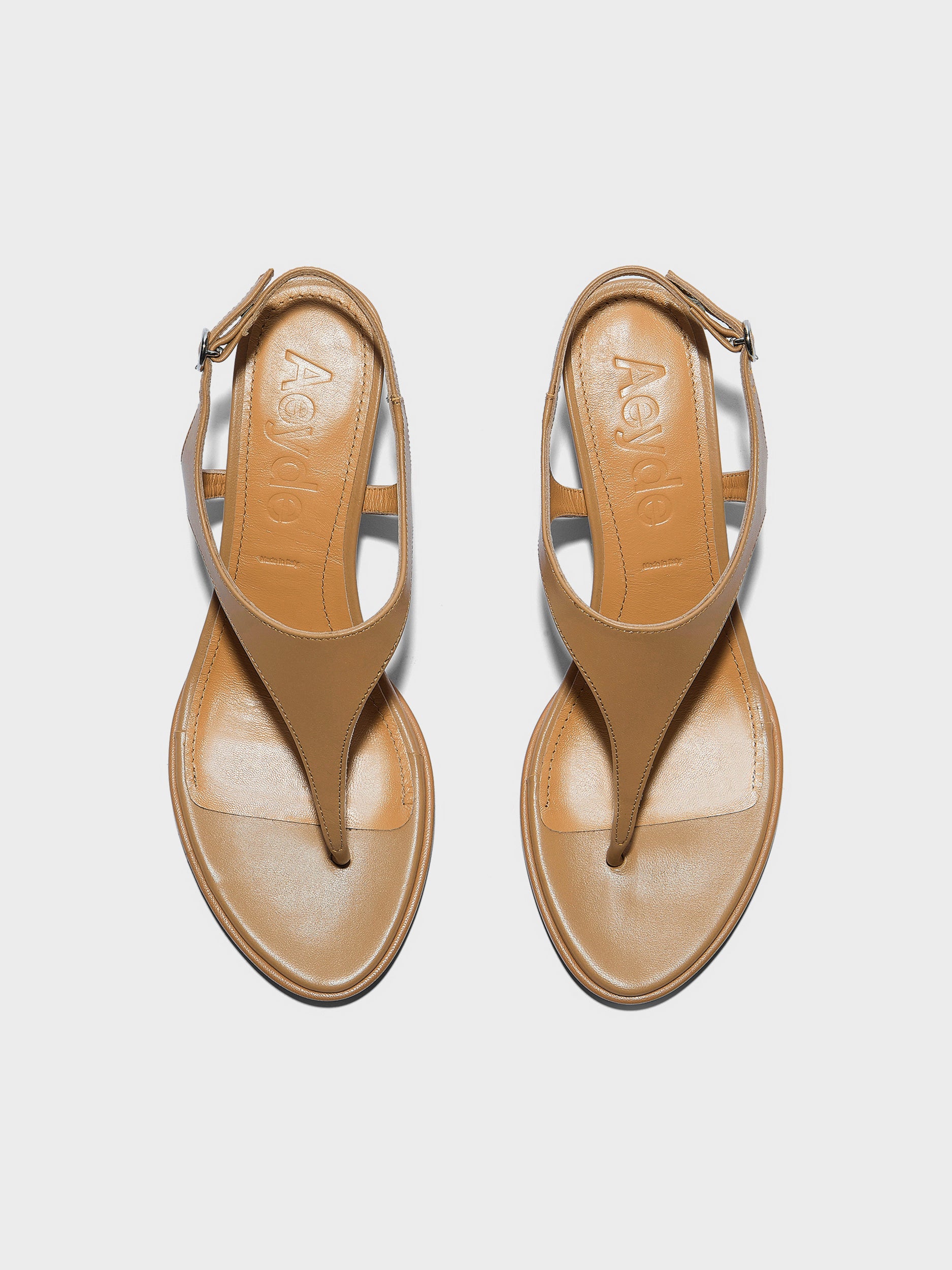 Aeyde | Roose Leather Heeled Sandals for Women | Hazelnut Nappa | Round Toe | Mid Heel | Front View