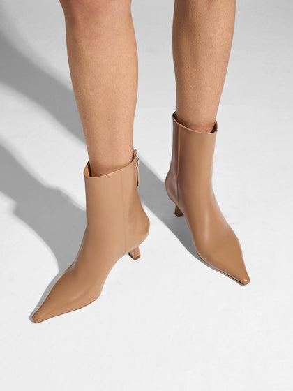 Aeyde | Rowan Leather Ankle Boots for Women | Hazelnut Calf | Pointed Toe | Mid Heel | On Feet