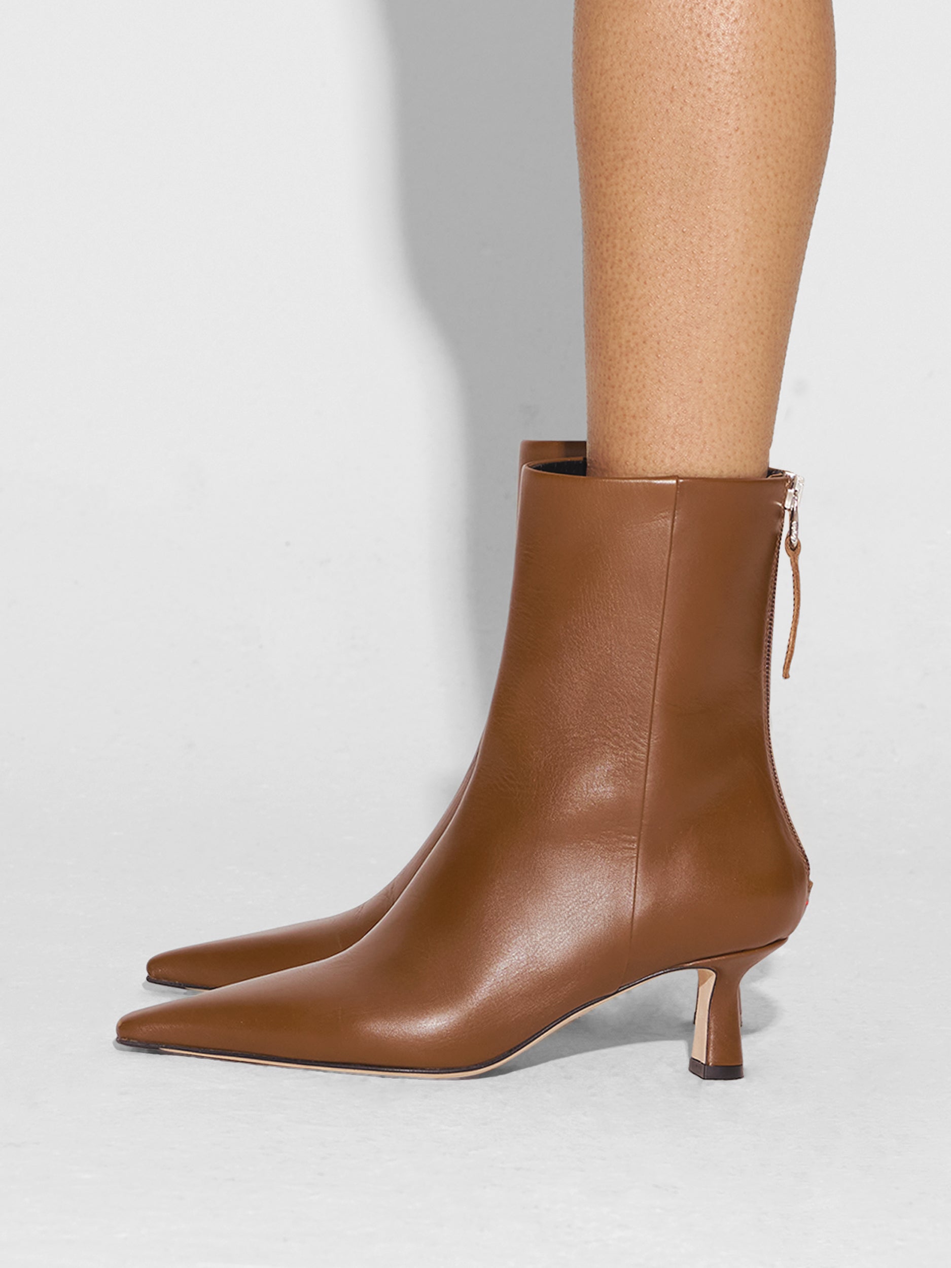 Aeyde | Rowan Leather Ankle Boots for Women | Tobacco Calf | Pointed Toe | Mid Heel | How to Style