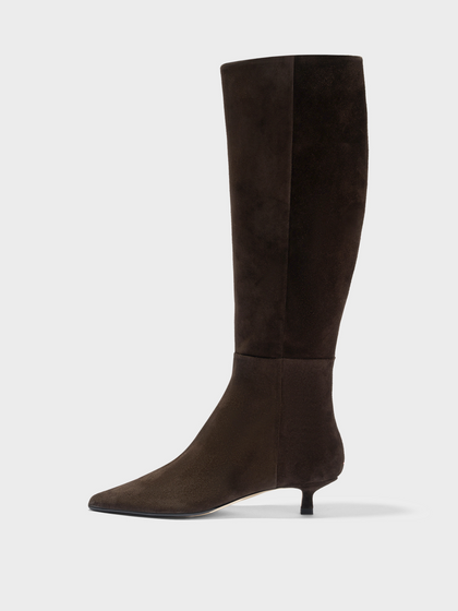 Aeyde | Sabrina Suede Knee-High Boots Leather Knee High Boots for Women | Moka Suede | Pointed Toe | Low Heel | Side View