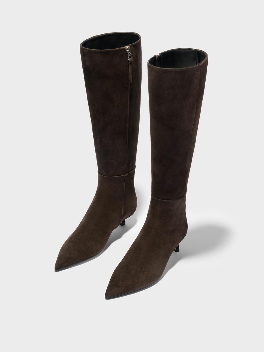 Aeyde | Sabrina Suede Knee-High Boots Leather Knee High Boots for Women | Moka Suede | Pointed Toe | Low Heel | Luxury Materials | Handmade in Italy