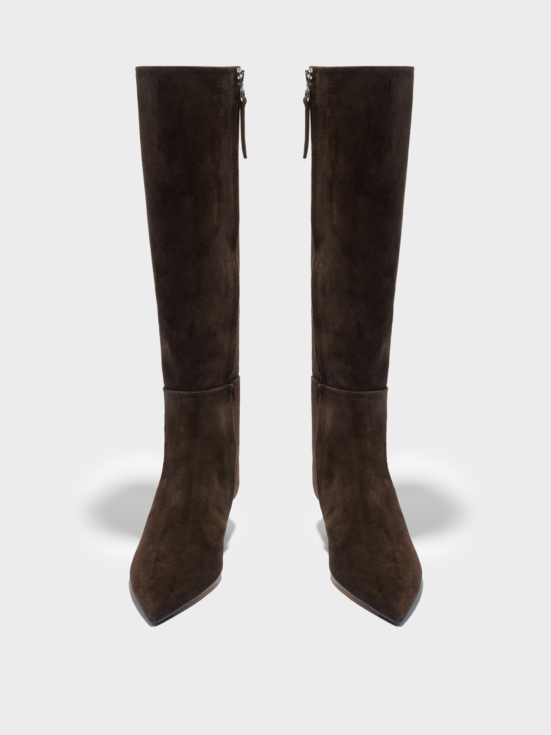 Aeyde | Sabrina Suede Knee-High Boots Leather Knee High Boots for Women | Moka Suede | Pointed Toe | Low Heel | Front View