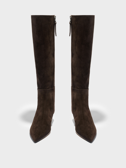 Aeyde | Sabrina Suede Knee-High Boots Leather Knee High Boots for Women | Moka Suede | Pointed Toe | Low Heel | Front View