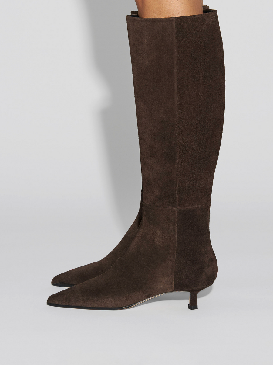 Aeyde | Sabrina Suede Knee-High Boots Leather Knee High Boots for Women | Moka Suede | Pointed Toe | Low Heel | How to Style