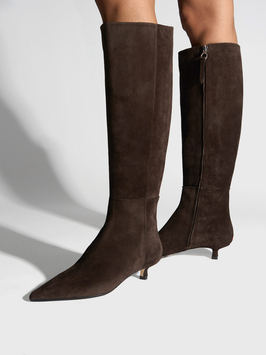 Aeyde | Sabrina Suede Knee-High Boots Leather Knee High Boots for Women | Moka Suede | Pointed Toe | Low Heel | On Feet