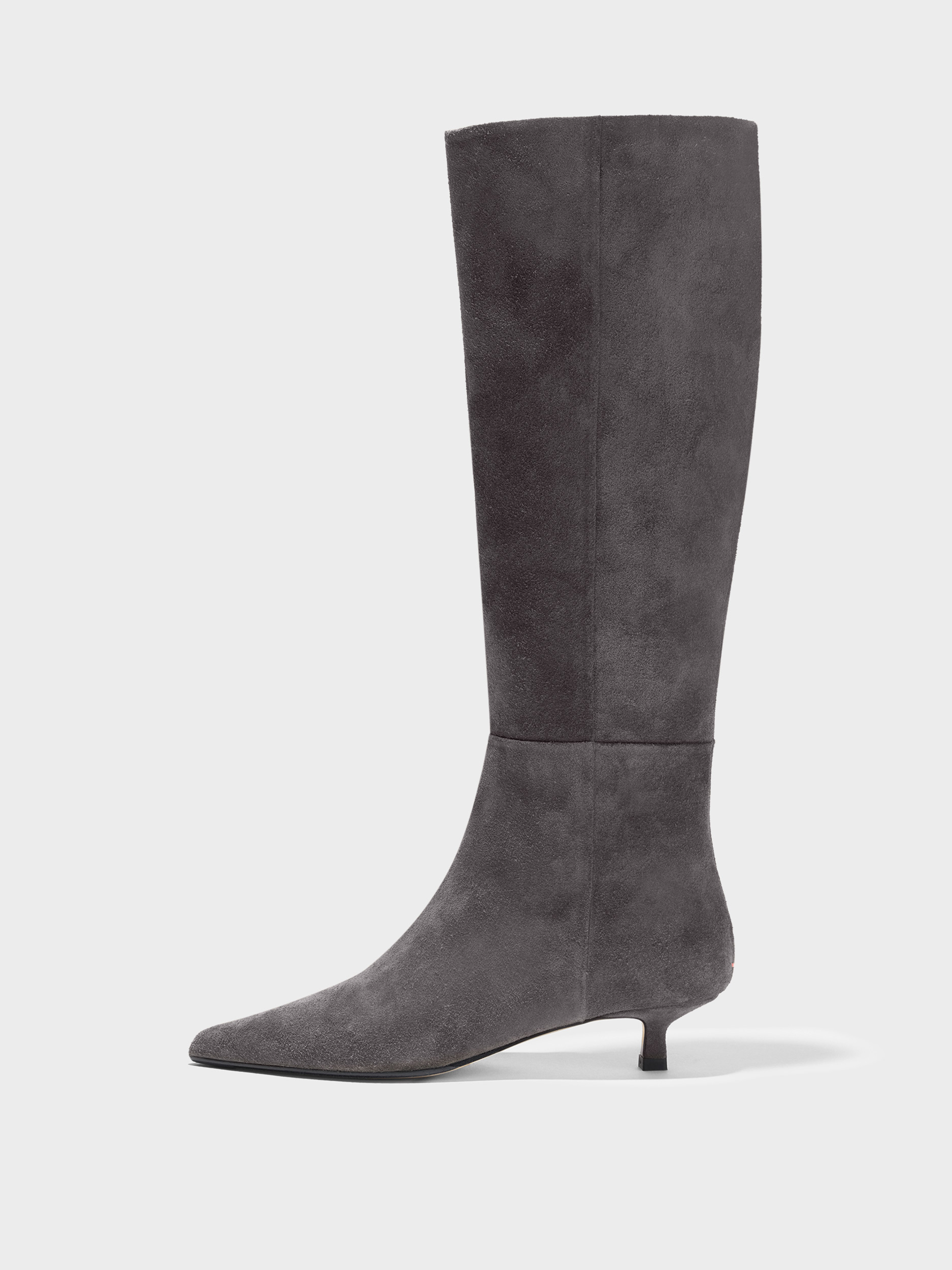 Aeyde | Sabrina Suede Knee-High Boots Leather Knee High Boots for Women | Taupe Suede | Pointed Toe | Low Heel | Side View