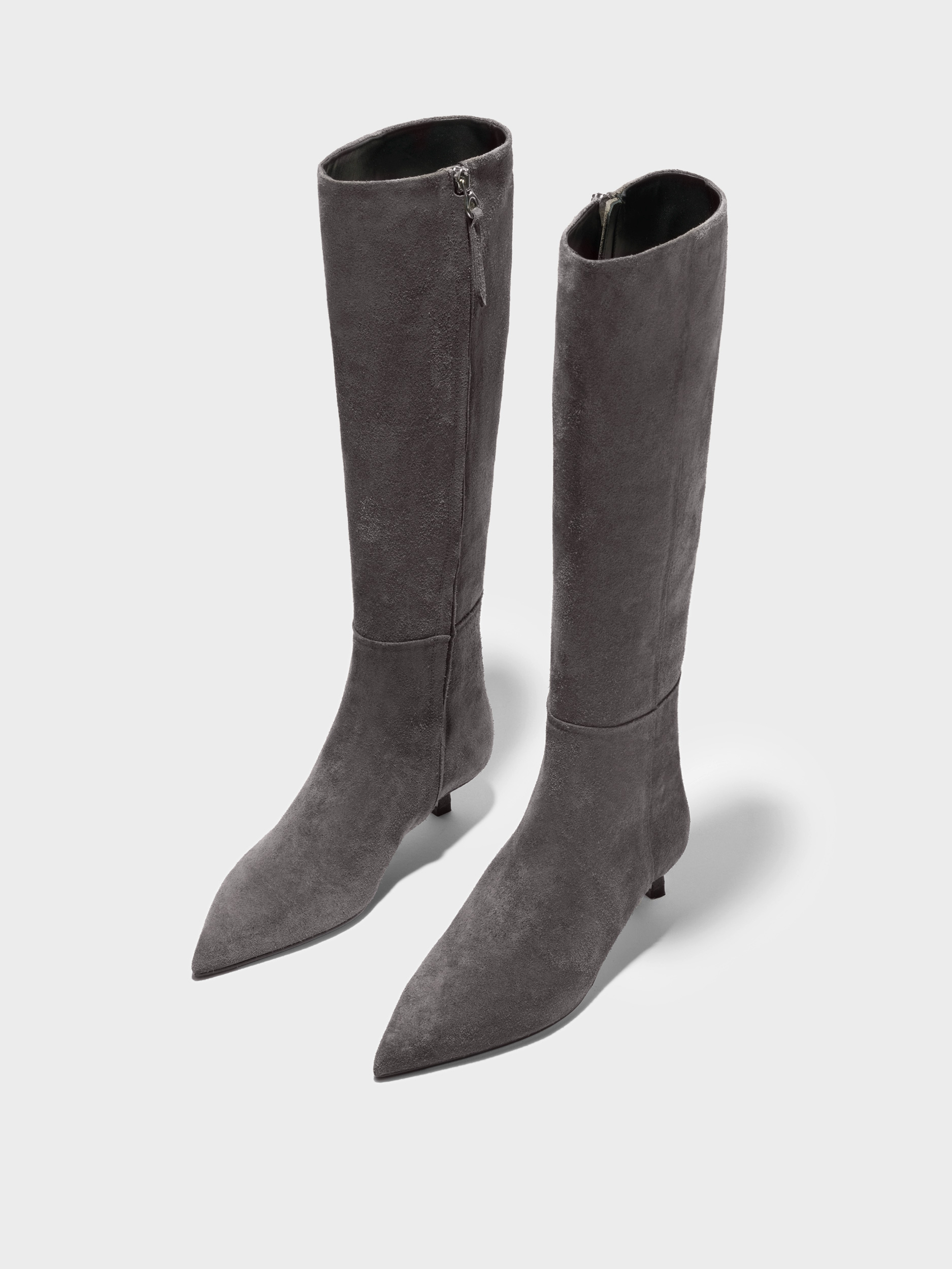 Aeyde | Sabrina Suede Knee-High Boots Leather Knee High Boots for Women | Taupe Suede | Pointed Toe | Low Heel | Luxury Materials | Handmade in Italy
