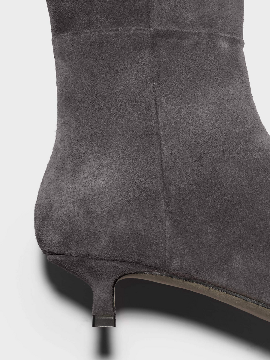 Aeyde | Sabrina Suede Knee-High Boots Leather Knee High Boots for Women | Taupe Suede | Pointed Toe | Low Heel | Heel Details