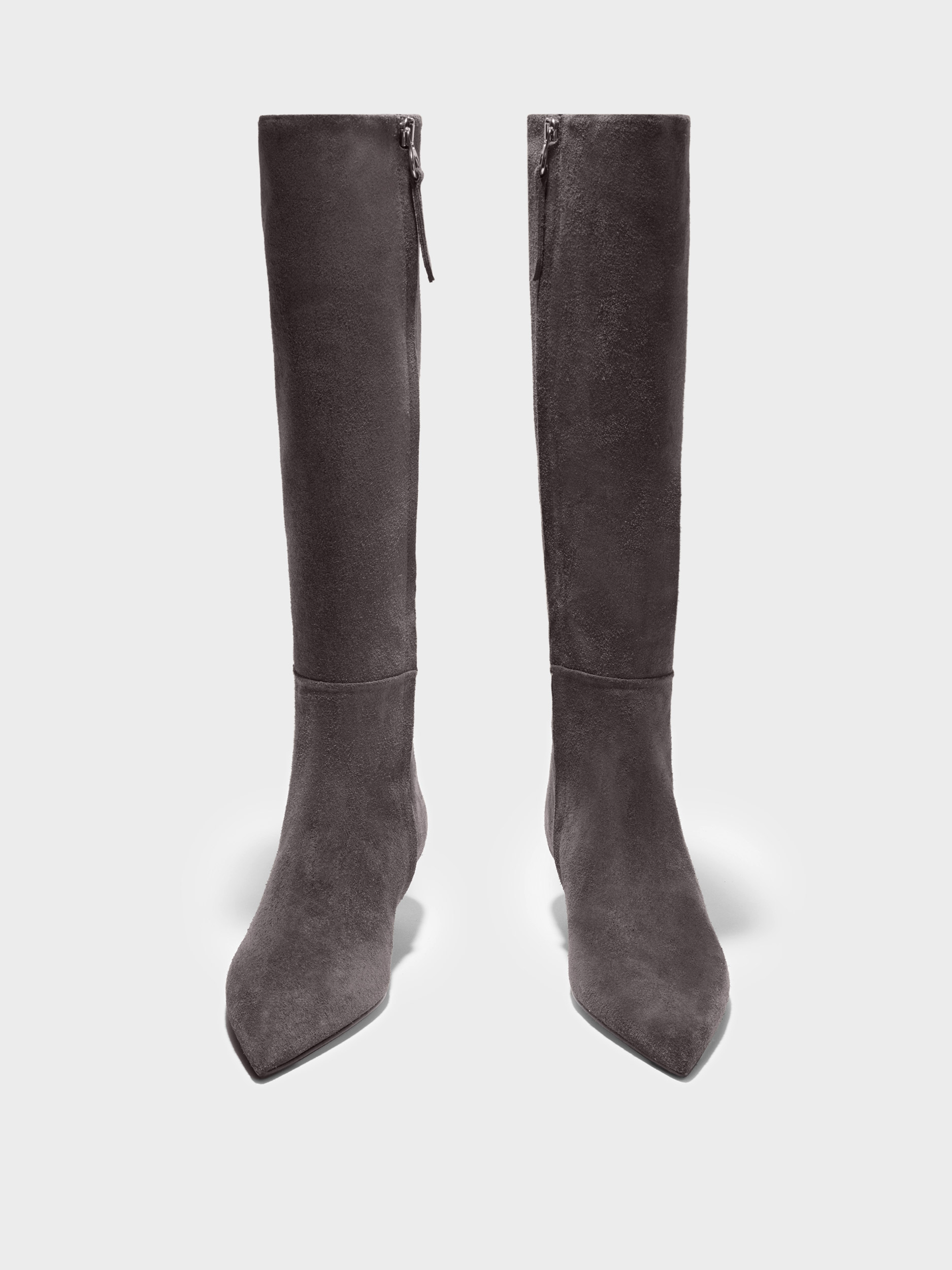 Aeyde | Sabrina Suede Knee-High Boots Leather Knee High Boots for Women | Taupe Suede | Pointed Toe | Low Heel | Front View