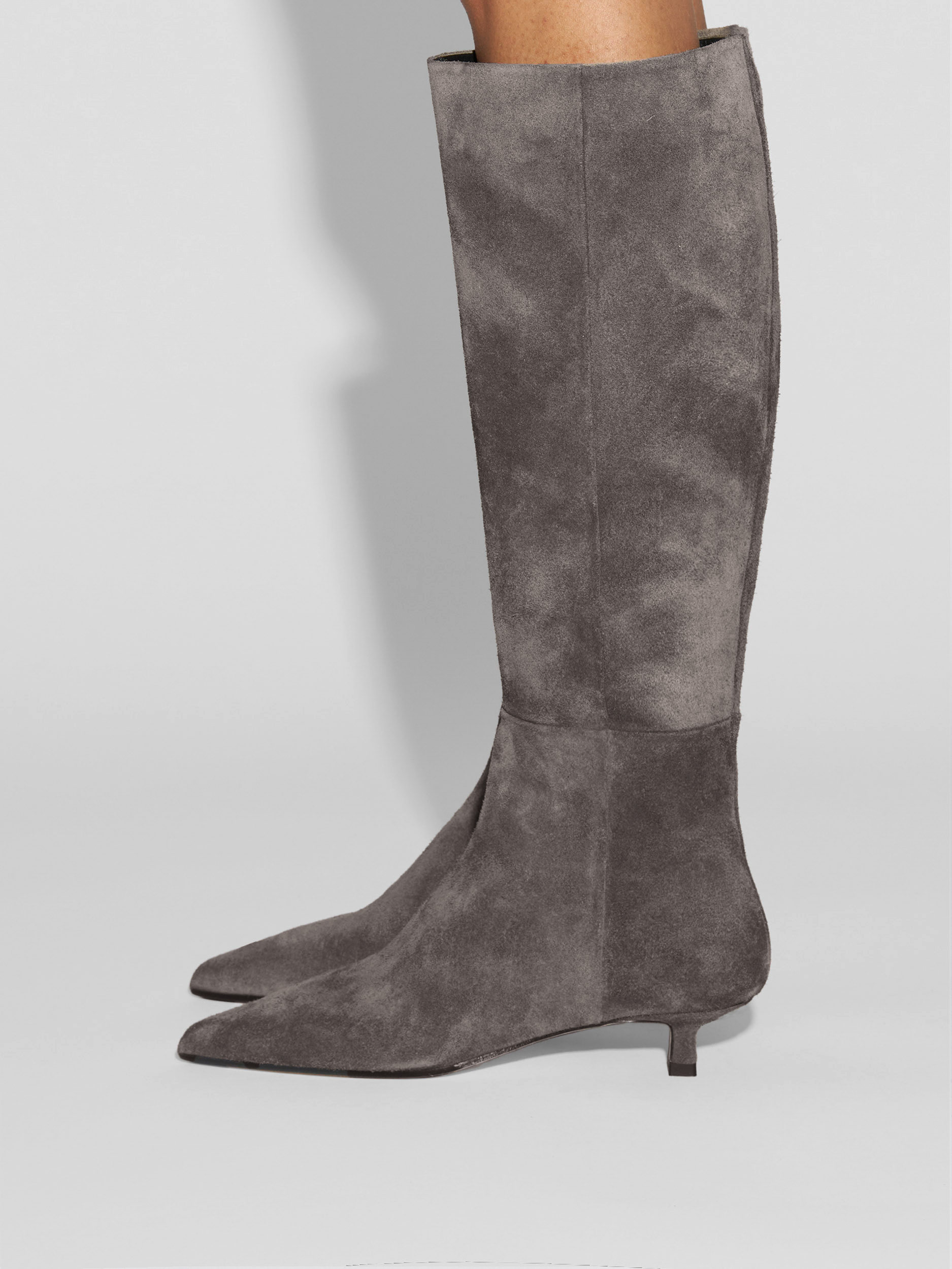Aeyde | Sabrina Suede Knee-High Boots Leather Knee High Boots for Women | Taupe Suede | Pointed Toe | Low Heel | How to Style