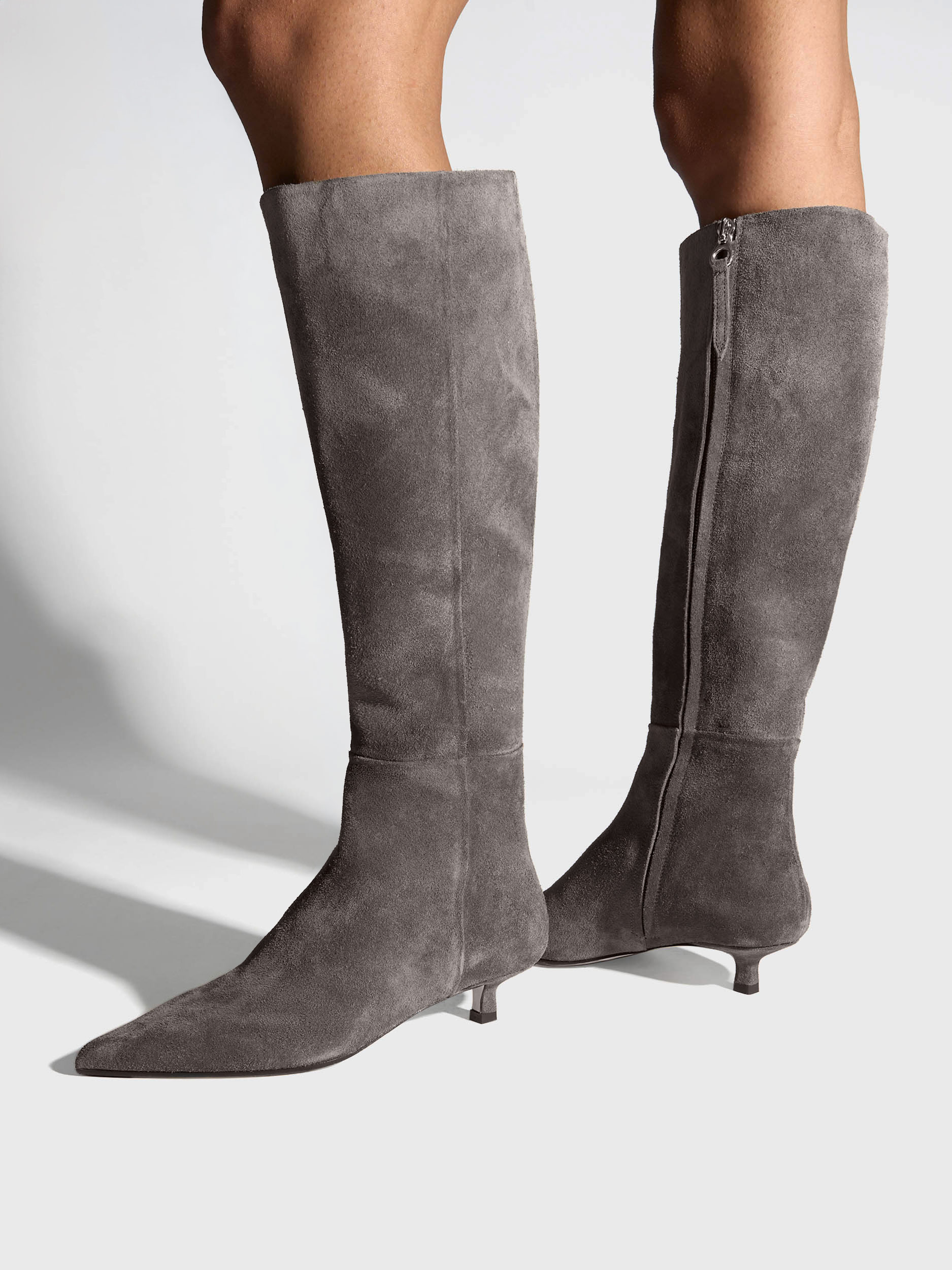 Aeyde | Sabrina Suede Knee-High Boots Leather Knee High Boots for Women | Taupe Suede | Pointed Toe | Low Heel | On Feet