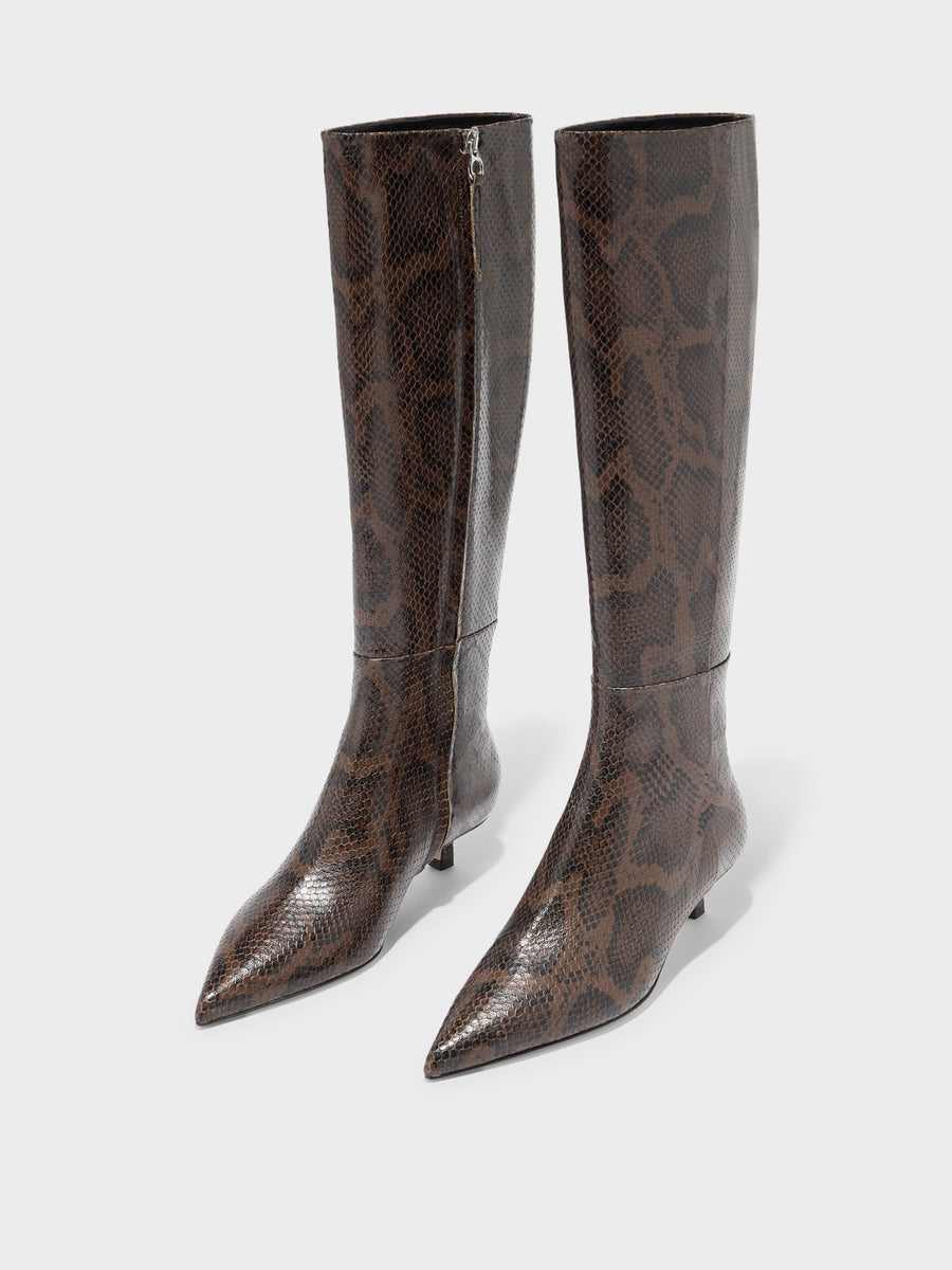 Aeyde | Sabrina Leather Knee High Boots for Women | Moka Snake | Pointed Toe | Low Heel | Luxury Materials | Handmade in Italy