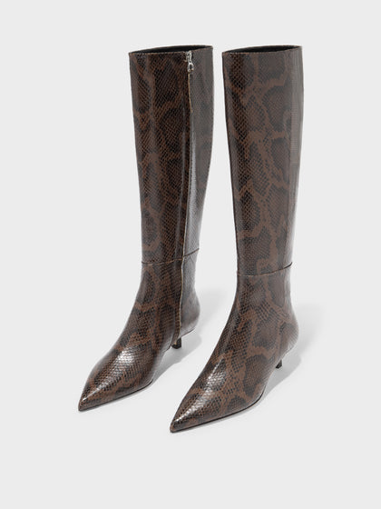 Aeyde | Sabrina Leather Knee High Boots for Women | Moka Snake | Pointed Toe | Low Heel | Luxury Materials | Handmade in Italy
