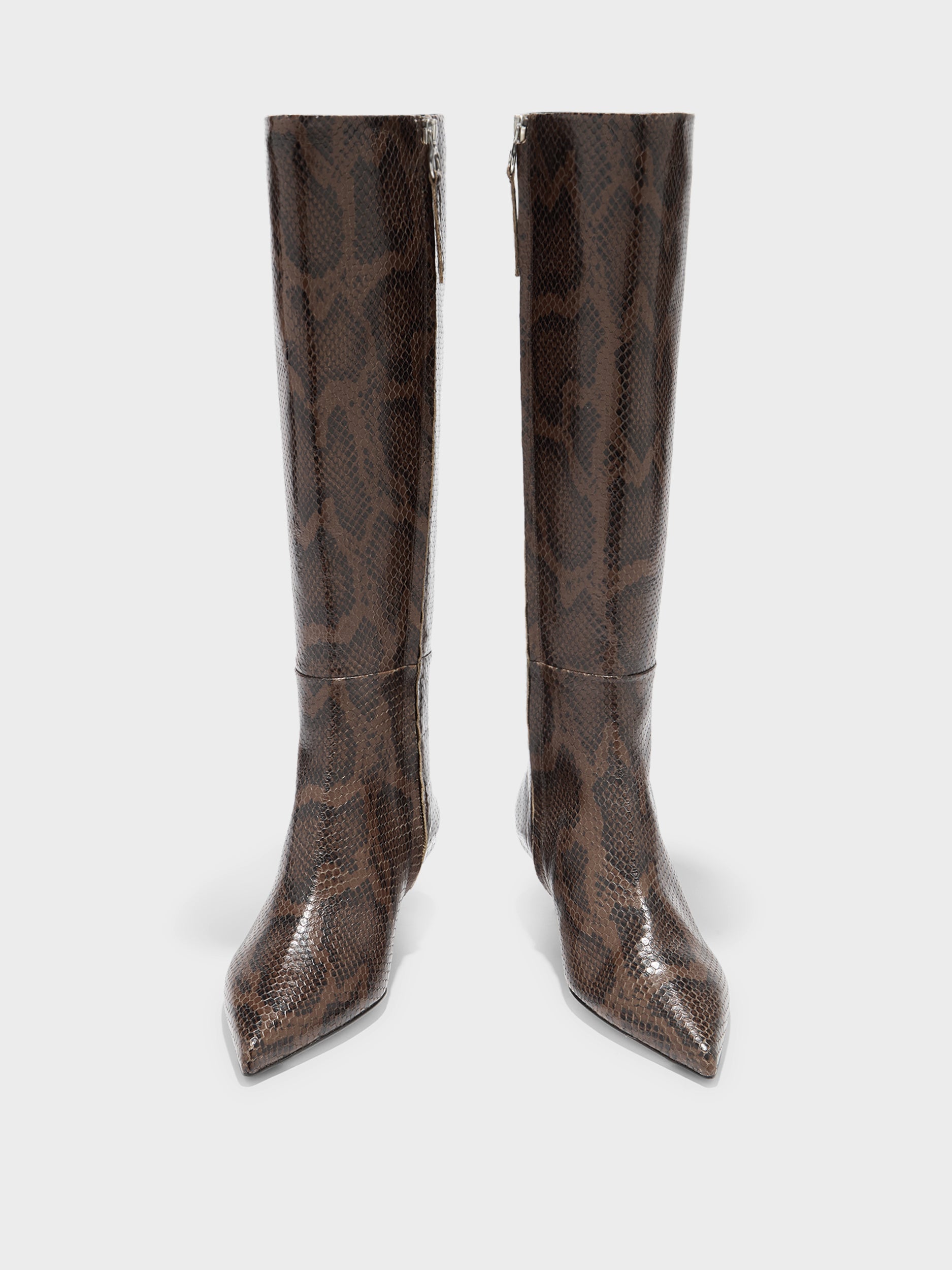 Aeyde | Sabrina Leather Knee High Boots for Women | Moka Snake | Pointed Toe | Low Heel | Front View