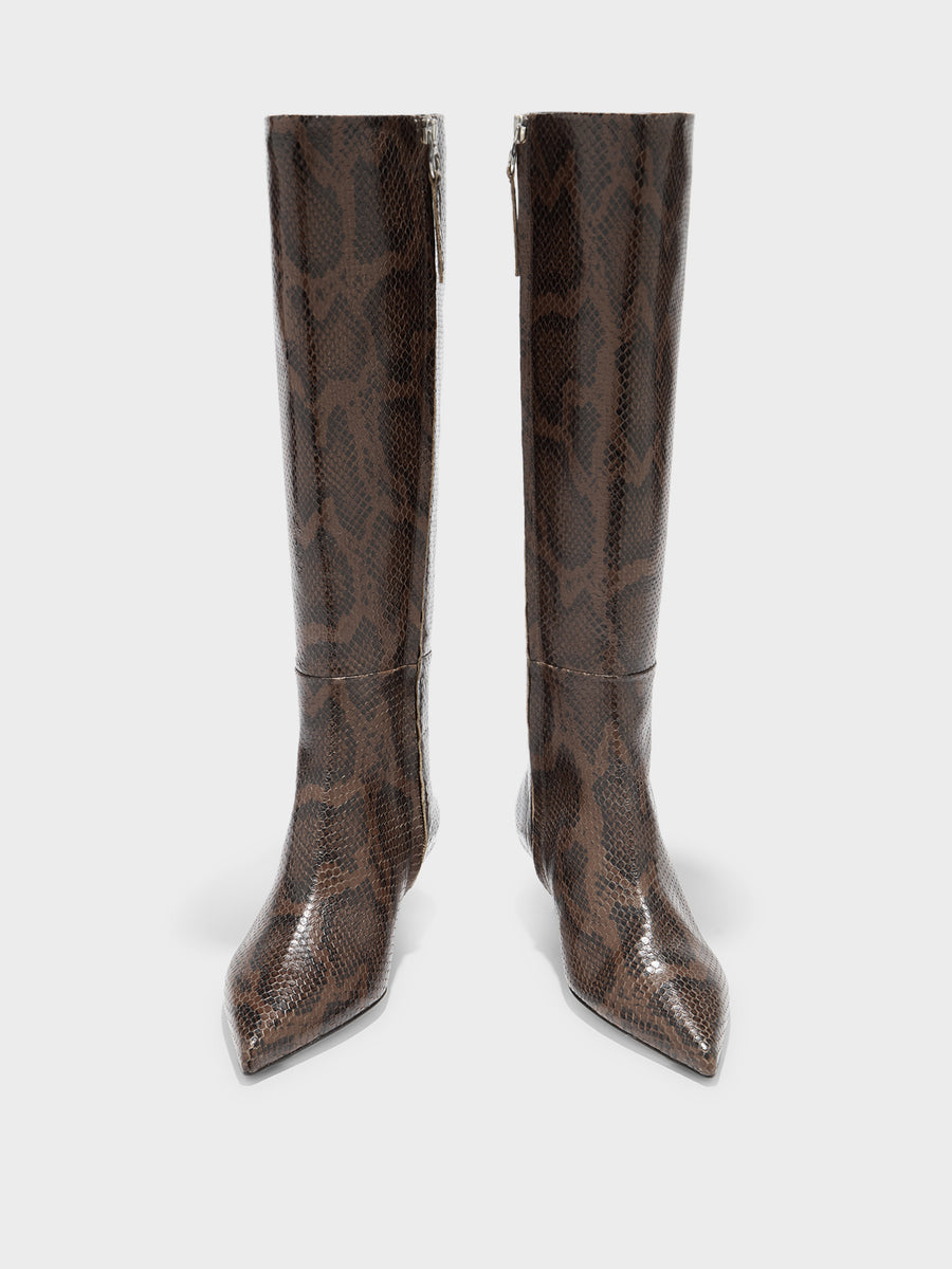 Aeyde | Sabrina Leather Knee High Boots for Women | Moka Snake | Pointed Toe | Low Heel | Front View