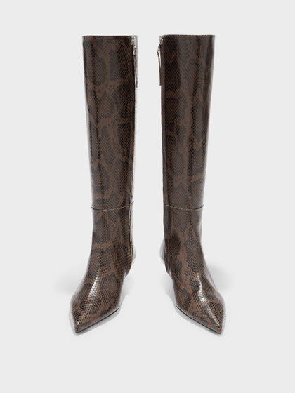 Aeyde | Sabrina Leather Knee High Boots for Women | Moka Snake | Pointed Toe | Low Heel | Front View