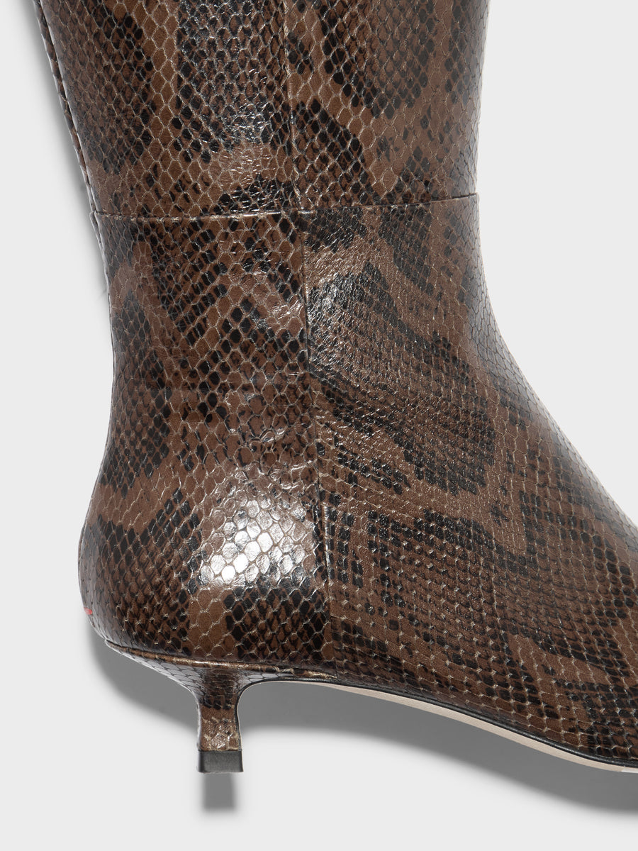 Aeyde | Sabrina Leather Knee High Boots for Women | Moka Snake | Pointed Toe | Low Heel | Heel Details