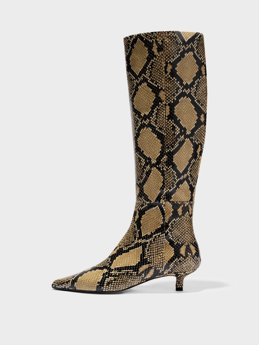 Aeyde | Sabrina Knee-High Boots Leather Knee High Boots for Women | Hazelnut Snake | Pointed Toe | Low Heel | Side View