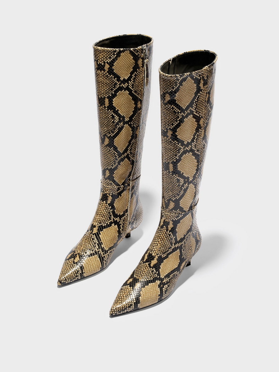 Aeyde | Sabrina Knee-High Boots Leather Knee High Boots for Women | Hazelnut Snake | Pointed Toe | Low Heel | Luxury Materials | Handmade in Italy