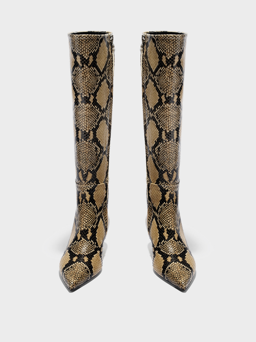 Aeyde | Sabrina Knee-High Boots Leather Knee High Boots for Women | Hazelnut Snake | Pointed Toe | Low Heel | Front View