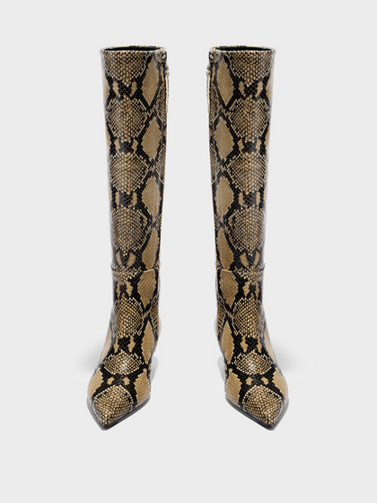 Aeyde | Sabrina Knee-High Boots Leather Knee High Boots for Women | Hazelnut Snake | Pointed Toe | Low Heel | Front View