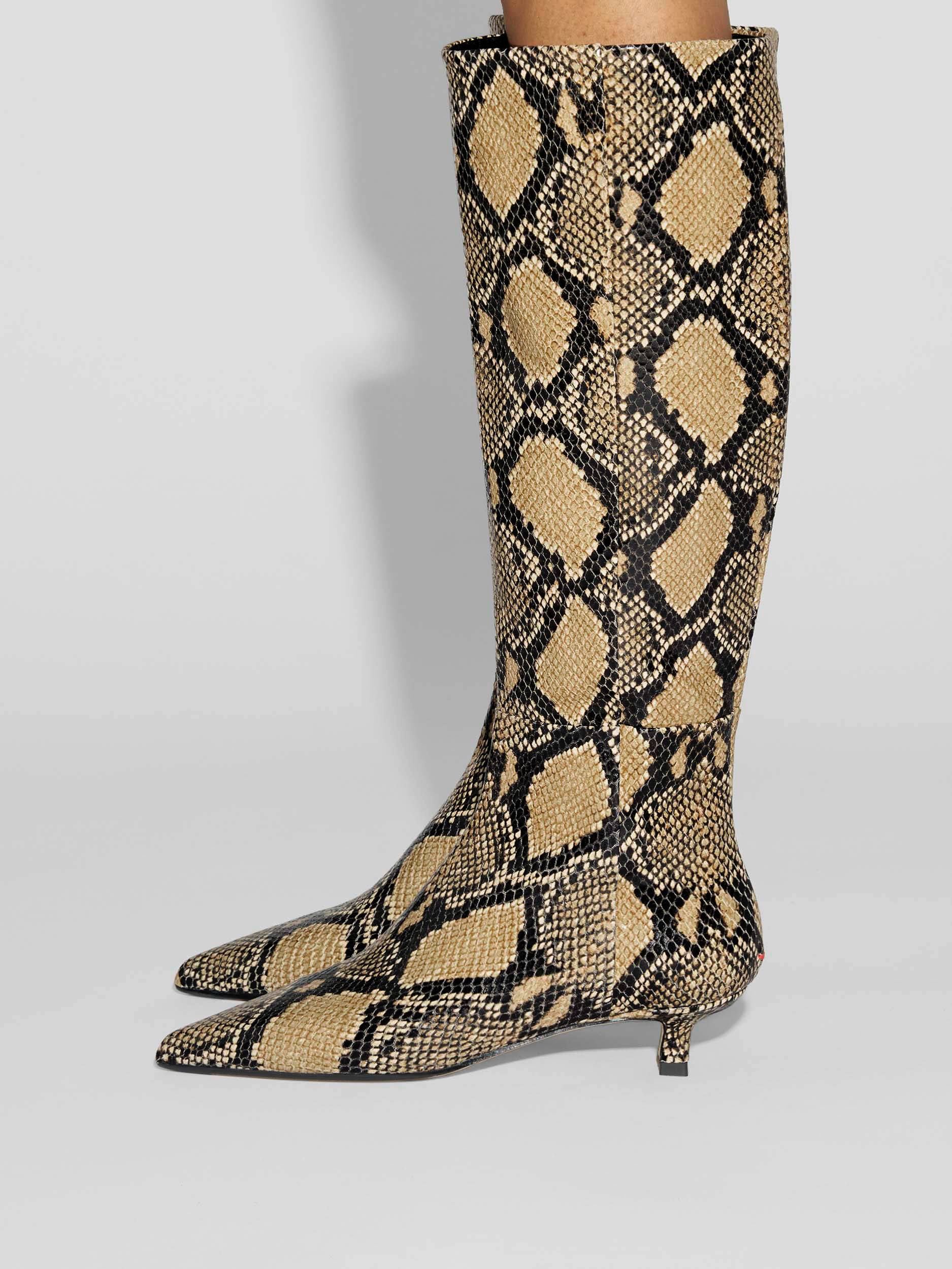Aeyde | Sabrina Knee-High Boots Leather Knee High Boots for Women | Hazelnut Snake | Pointed Toe | Low Heel | How to Style