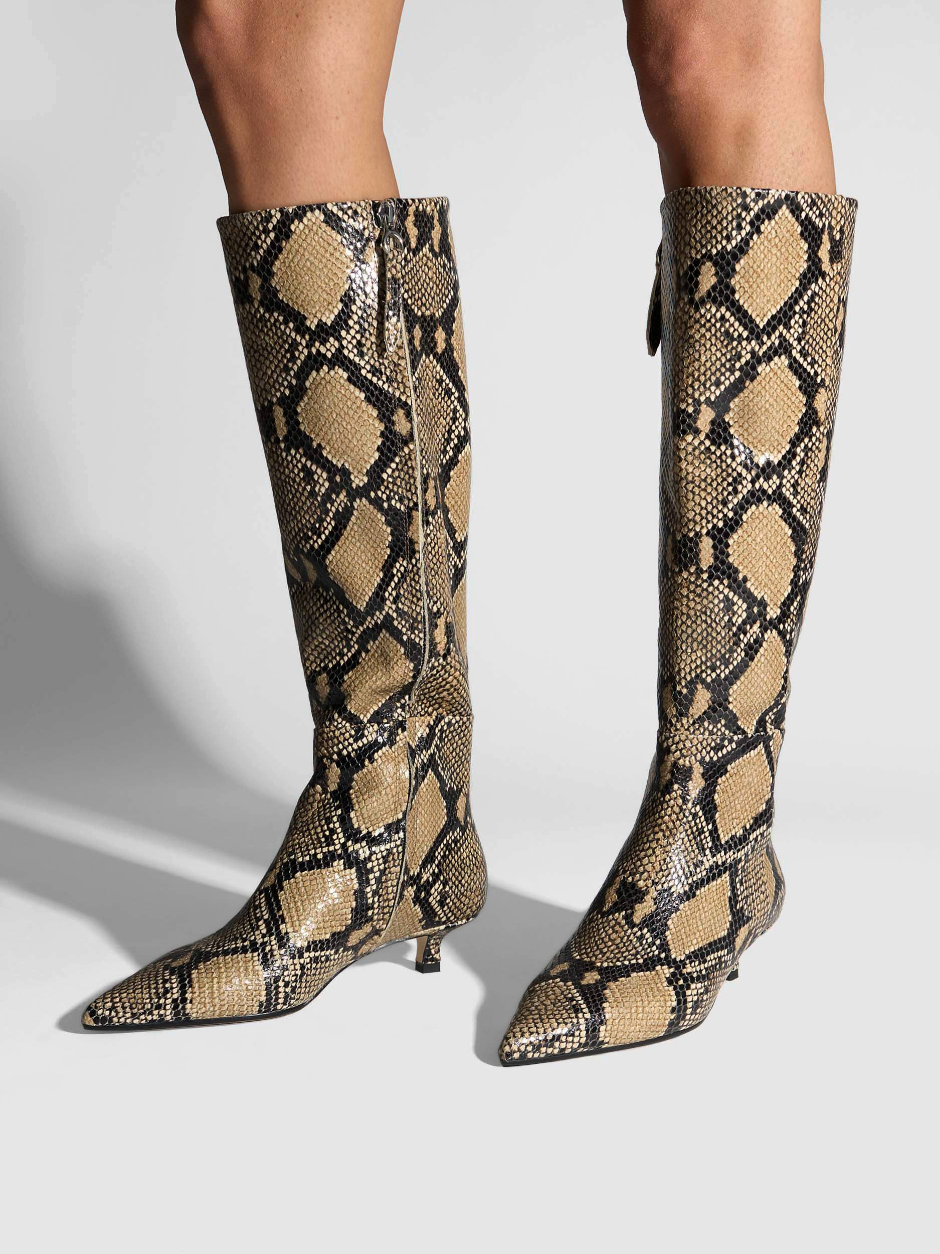 Aeyde | Sabrina Knee-High Boots Leather Knee High Boots for Women | Hazelnut Snake | Pointed Toe | Low Heel | On Feet