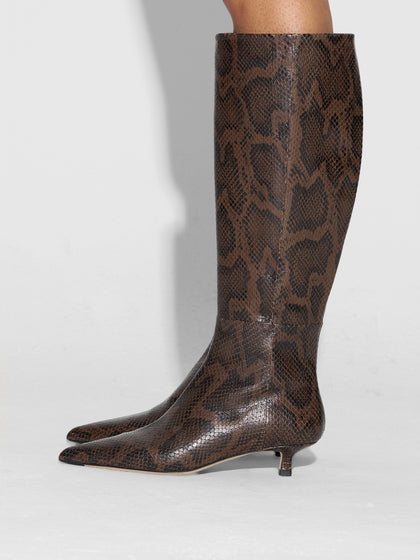Aeyde | Sabrina Leather Knee High Boots for Women | Moka Snake | Pointed Toe | Low Heel | How to Style