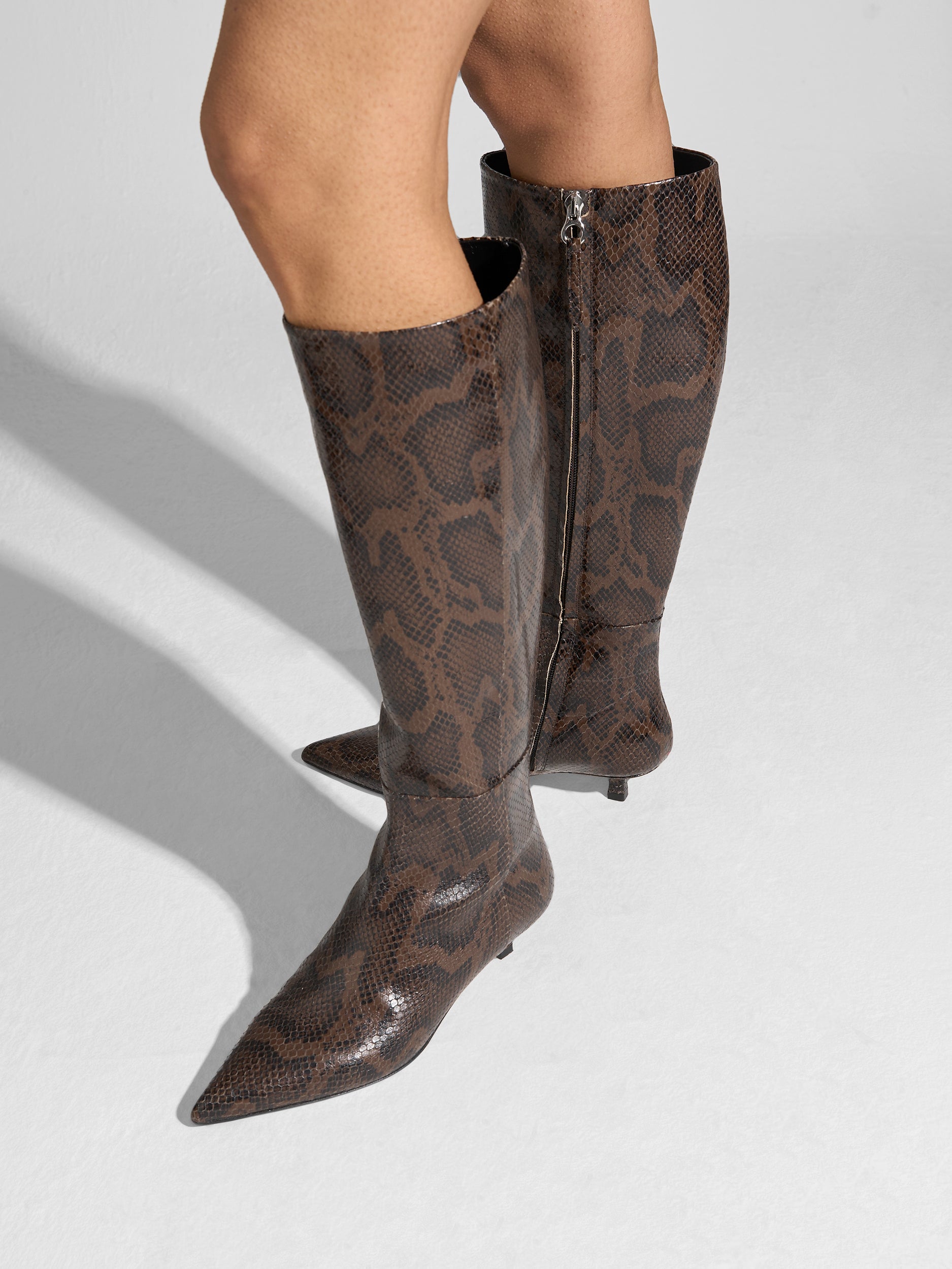 Aeyde | Sabrina Leather Knee High Boots for Women | Moka Snake | Pointed Toe | Low Heel | On Feet