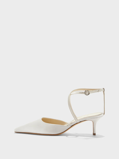 Aeyde | Salome Satin Stiletto Pumps Leather Pumps for Women | Creamy Satin | Pointed Toe | Mid Heel | Side View