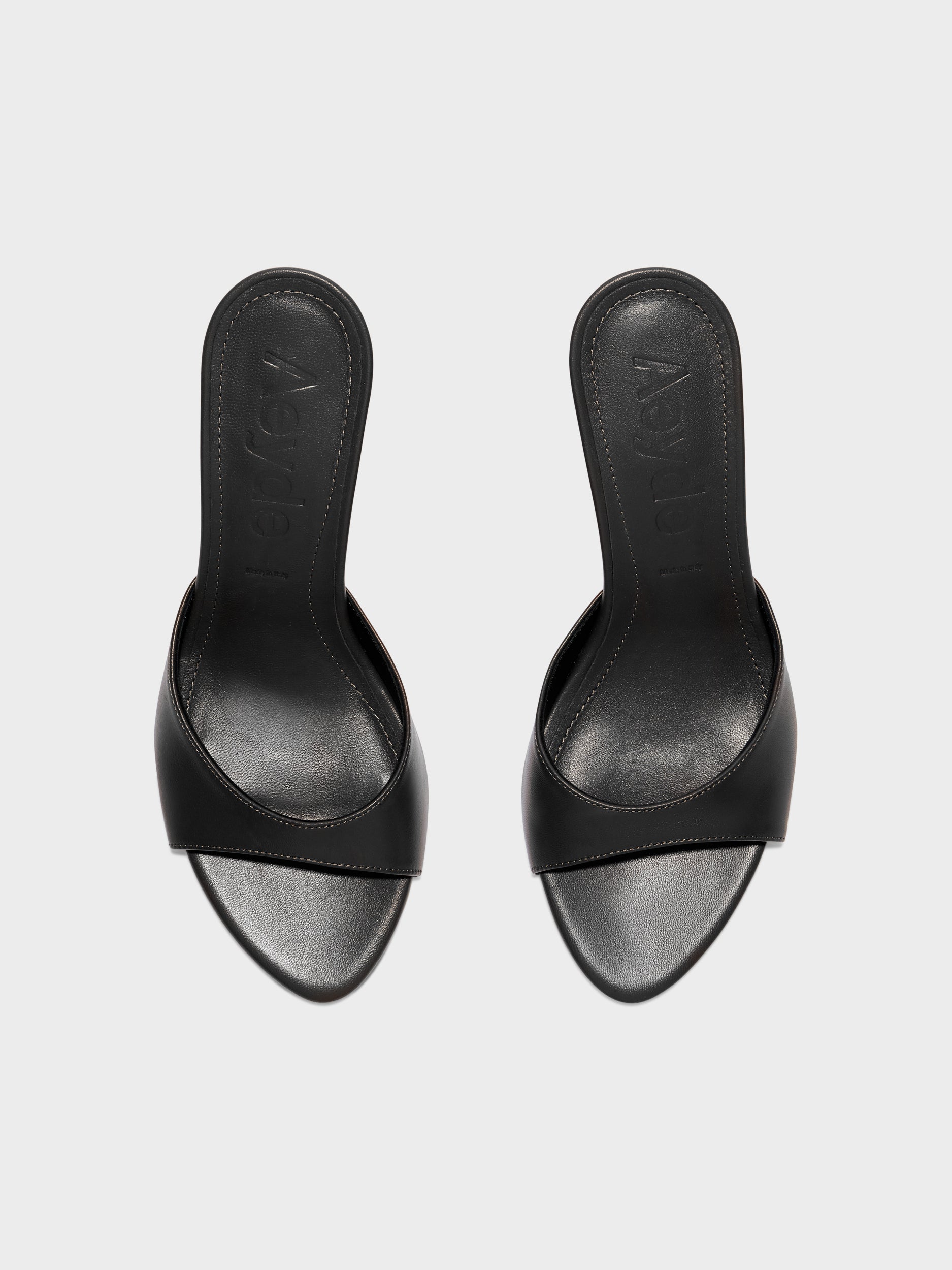 Aeyde | Samia Leather Heeled Sandals for Women | Black Nappa | Round Toe | High Heel | Front View