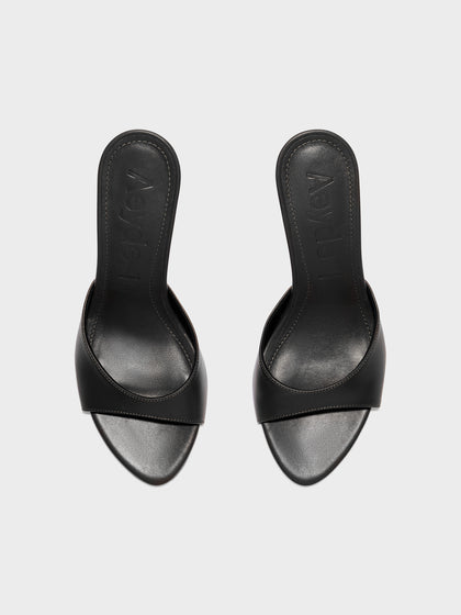 Aeyde | Samia Leather Heeled Sandals for Women | Black Nappa | Round Toe | High Heel | Front View