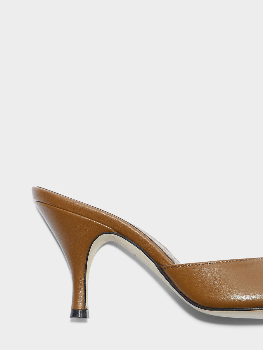 Aeyde | Samia Leather Heeled Sandals for Women | Tobacco Nappa | Round Toe | High Heel | Heel Details
