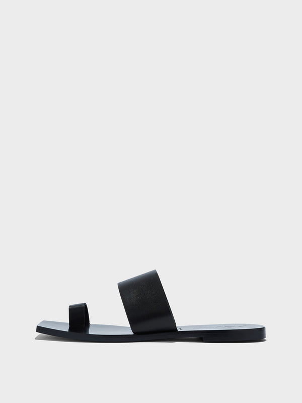 Aeyde | Sibel Leather Flat Sandals for Women | Black Calf | Square Toe | Flat Heel | Side View