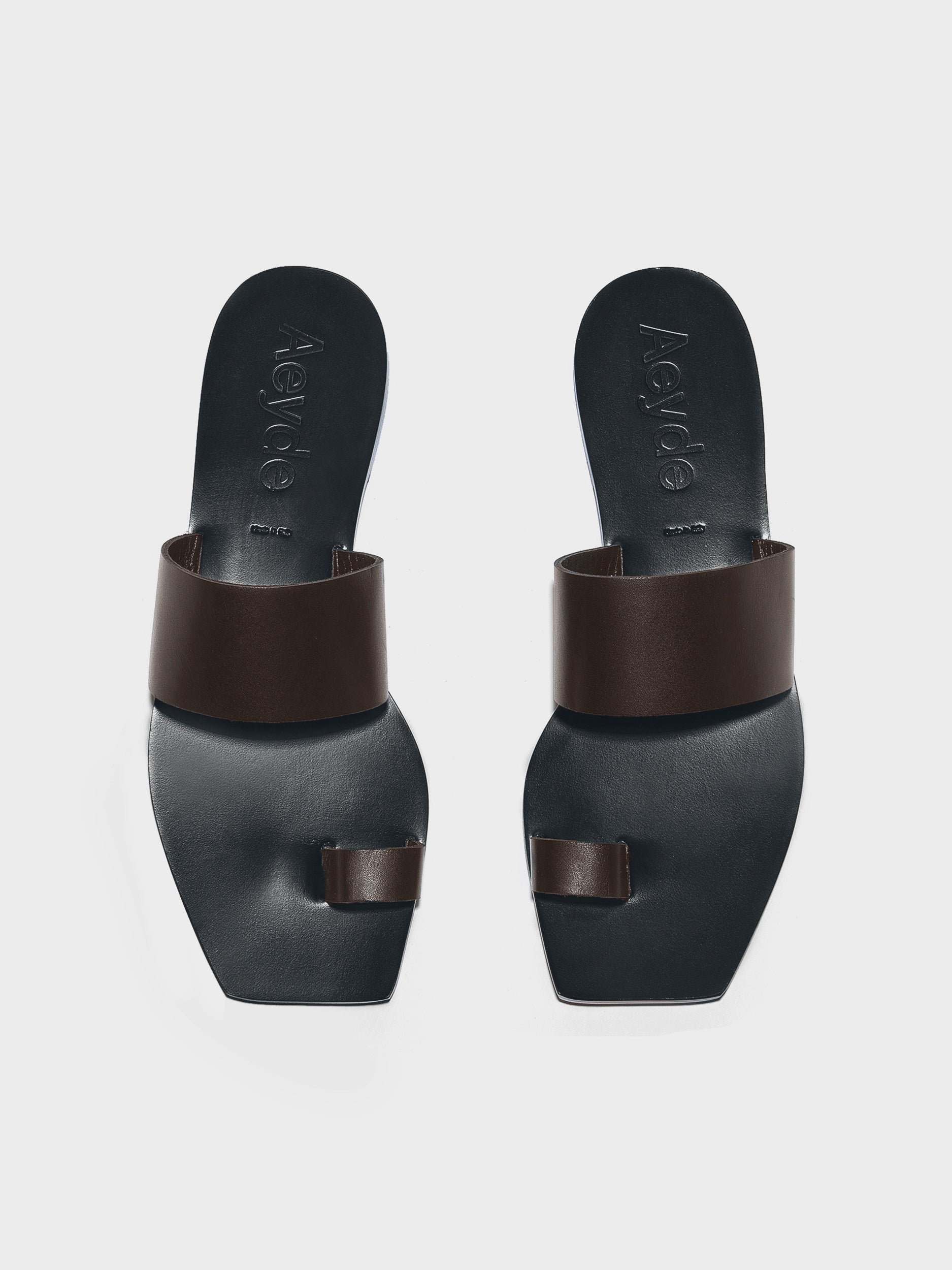 Aeyde | Sibel Leather Flat Sandals for Women | Moka Calf | Square Toe | Flat Heel | Front View
